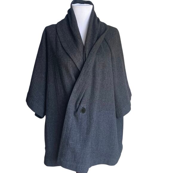 EILEEN FISHER Wool Blend One Button Wrap Jacket SZ L Gray Short Sleeve Lagenlook - Picture 1 of 11
